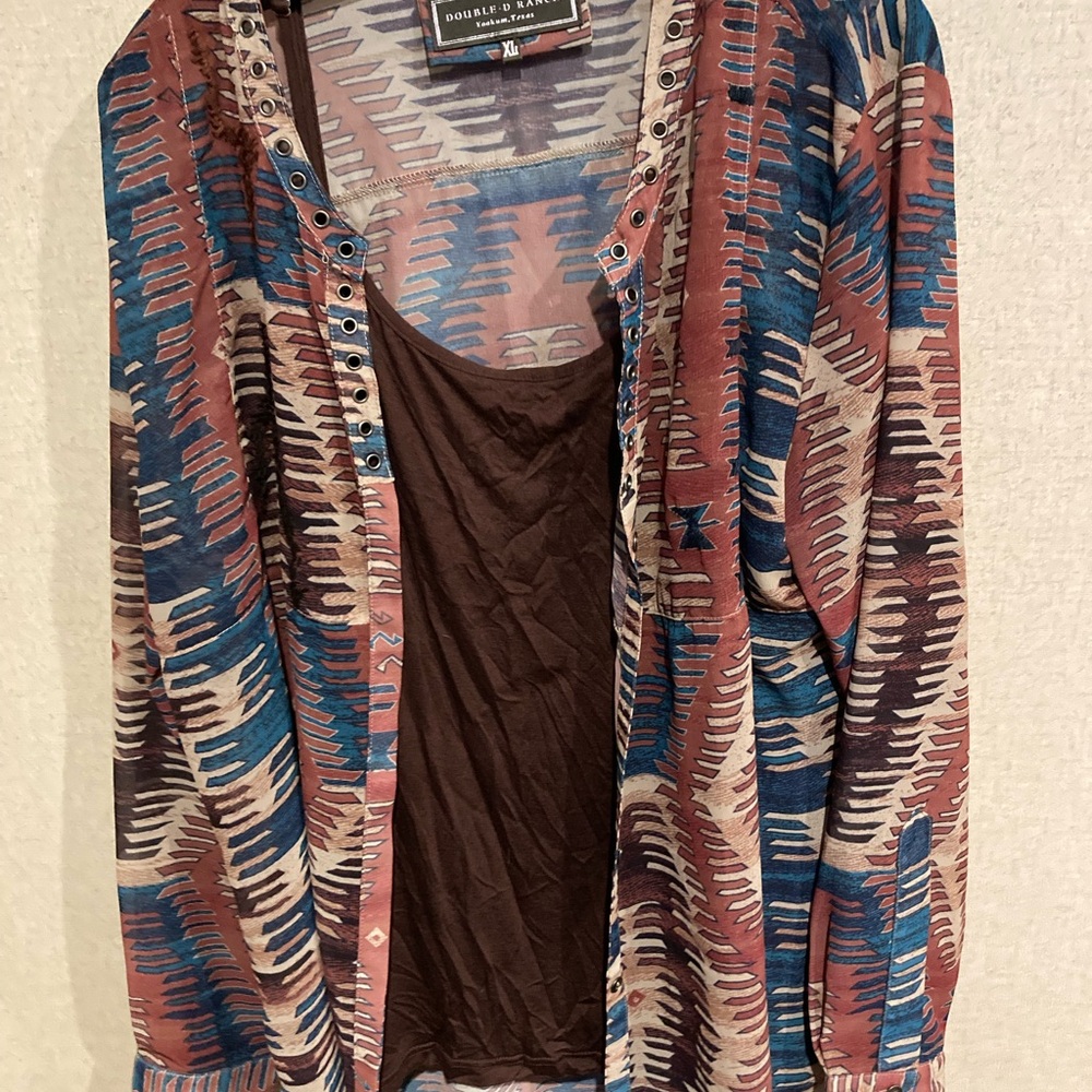 Double D Ranch Blue Brown Graphic Blouse
